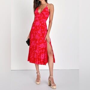 Lulus Red and Pink Floral Pleated Lace-Up Midi Dress Side Slit Tropical